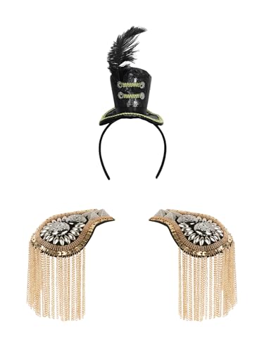 CHICTRY Drum Band Feather Hat Toy Soldier Headband and Tassel Epaulet for Circus Stage Performance Gold Black One Size