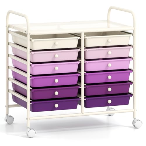 GOFLAME 12-Drawer Rolling Storage Cart, Multifunctional Art Craft Organizer Cart, Mobile Utility Storage Cart with Removable Drawers & Lockable Wheels, Craft Cart for Home Office, Purple Gradient