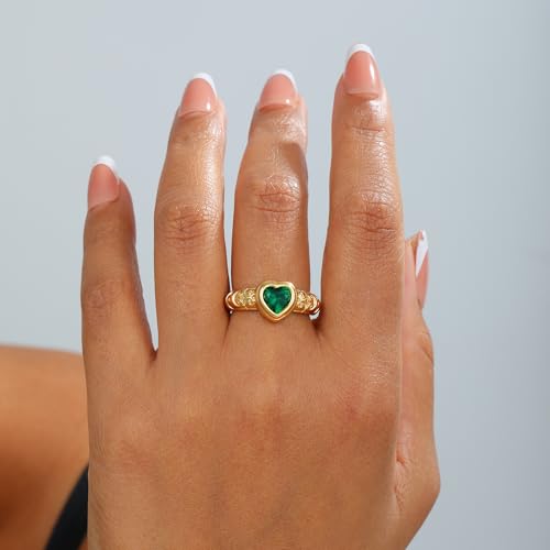 Kyerlyn Stackable Gold Rings for Women Non Tarnish Emerald Heart Chunky 14K Gold Plated Stacking Ring Set Statement Promise Wedding Bands Engagementfor Gifts Jewelry Size 6 7 8 9 10 6