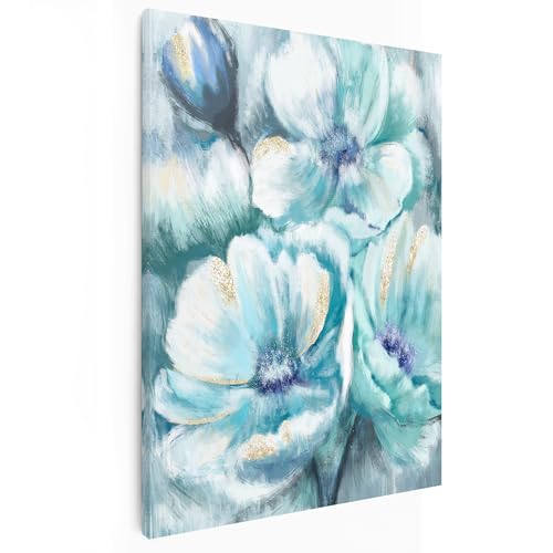 Art moderne vert beige pivoines bleues : grand tableau mural de salon