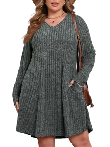 BELAROI Plus Size Sweater Dress for Women Tshirt Fall Dresses Winter V Neck Long Sleeve Pockets Casual Party Loose Fit
