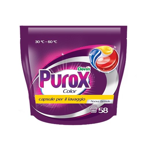Purox Tricocaps Cápsulas Color de detergente, potente eliminación de manchas, limpieza profunda con frescura duradera, 58 lavados, 58 unidades x 13 gramos, Doypack