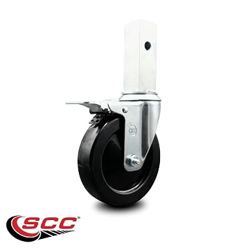 Hard Rubber Swivel Square Stem Scaffolding Wheel Caster w/5 x 1-1/4 Black Wheel and 1-1/4 Stem with Total Lock Brake - 300 lbs Capacity/Caster - Service Caster Brand