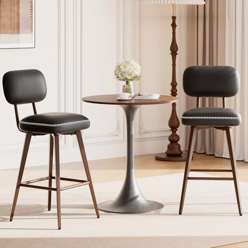 Image of MALOL 26 inch Swivel Bar Stools Set of 2, Mid Century PU Leather Counter Height Bar Chairs with Low Back and Metal Legs, Modern Bar Stool Chair for Kitchen Island, Black