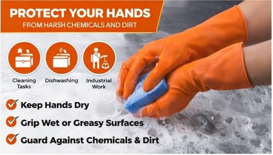 Image of LADWA Pre-mium Household Rubber Hand gloves orange Color (10 Pair) for Dishwashing, gardening, kitchen cleaning