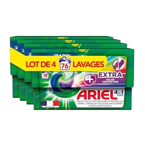 Ariel 4en1 PODS Lessive Liquide En Capsules 76 Lavages (4x19 Tablettes), Extra Color Protection, Renouvelle L'Éclat Des Couleurs Et Protège Les Fibres, Dissolution Rapide, Fabriqué En France