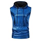 Men Hipster Gold Foil Sleeveless Hooded Vest, Drawstring Vintage Fit with Pockets, Disco Gilded Style