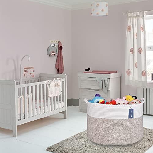 COMSE Extra Large Blanket Basket, Storage Basket, Rope Laundry Basket, 55 x 35 CM, Cotton Rope Basket, XXXL Laundry Basket, Toy Basket, Woven Basket, Clothes Baskets, White/Light Brown