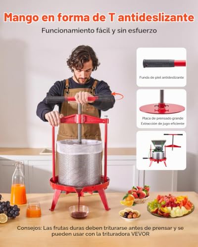 Miniatura 3 de Vevor Prensa De Vino De Frutas 14 L Cesta De Acero Inoxidable Con Estructura Triangular Y Travesaño Exprimidor Manual Prensa Para Tintura De Sidra, Manzana Y Uva Con Mango En T Para Cocina, Hogar