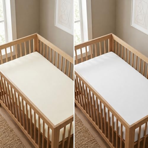 Image of Everyday Kids 2-Pack Fitted Crib Sheets, 100% Soft Breathable Microfiber Baby Sheet, Fits Standard Size Crib Mattress 28in x 52in, White Nursery Sheet and Beige Nursery Sheet