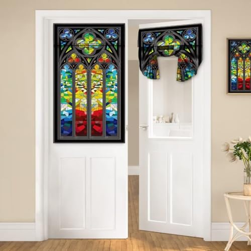 DDCBNS Door Curtains for Windows - Vintage Style Medieval Stained Glass Printed for French Glass...