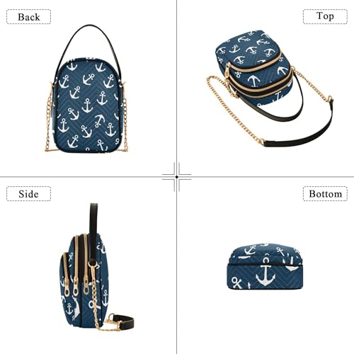 White Anchors Navy Blue Shoulder Handbags for Women Phone Purse Chain Strap Handbag Floral Print Ladies Crossbody Satchel Bag, 5.9" × 8.3" × 3.1"4