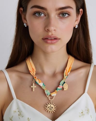 Bandana Charm Necklace for Women-Dainty Gold Carabiner Beach Charm Necklace Sun Conch Cross Pendant Scarf Necklaces,Fabric Statement Jewelry, Bandana Boho Chic Jewelry3