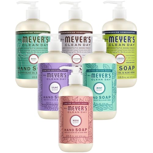 Image of Mrs. MEYER'S CLEAN DAY Liquid Hand Soap Bottle, 12.5 Fl Oz Lilac, Rose, Mint, Lemon, Lavender, Basil (Pack of 6) (Variety Pack)