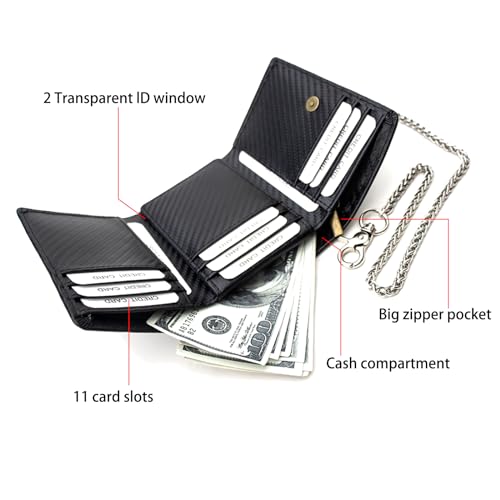 boshiho Real Leather RFID Blocking Bifold Wallets for Men Double Zipper Coin Pocket Purse with Anti-Theft Chain2