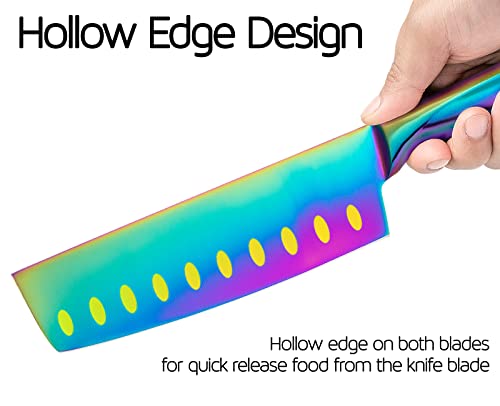 Wellstar Nakiri Knife 7 Inch, Razor Sharp German Stainless Steel Meat Vegetable Cleaver, Multi-Purpose Asian Kitchen Knife For Home Chef’s Cooking With Rainbow Titanium Coating, Strong Durable Handle #TOP6
