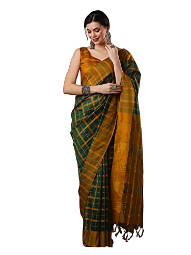 AKHILAM Women's Checkered Aura Silk Jacquard Solid Saree With Unstitched Blouse Piece (13AURA1301_Parent), Green, One size
