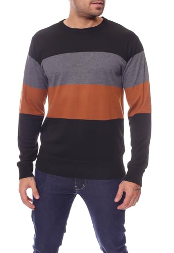 Men's Lightweight Striped Pullover Sweater – 100% Polyester, Long Sleeve, Crew Neck, Black, Brown, and Gray