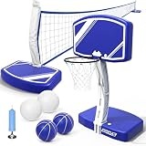 Pool Basketball Hoop&Pool Volleyball Net 2 in 1,Pool Toys Basketball Game with Weighted Base&Stand,2 Water Volleyball&2 Basketball and Pump,Summer Outdoor Family Party Pool Games for Kids Adults