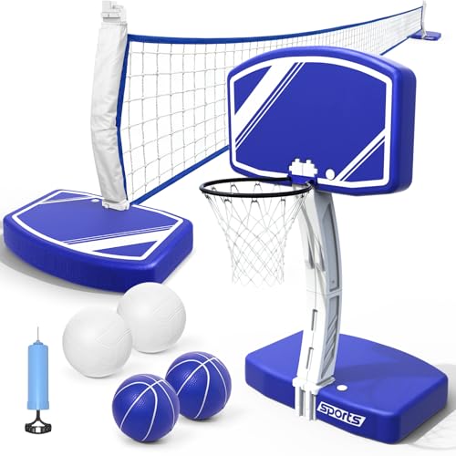 Pool Basketball Hoop&Pool Volleyball Net 2 in 1,Pool Toys Basketball Game with Weighted Base&Stand,2 Water Volleyball&2 Basketball and Pump,Summer Outdoor Family Party Pool Games for Kids Adults