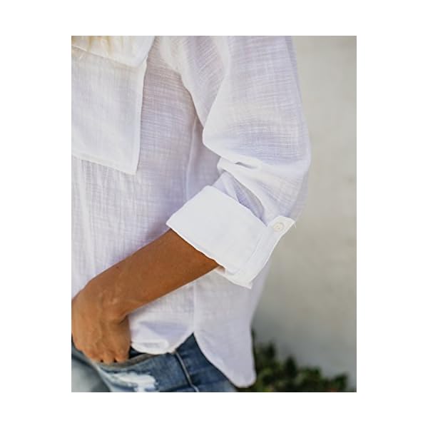 Runcati Womens Button Down Shirt Cotton Linen Long Sleeve V Neck Dress Shirts Casual Loose Roll Up Work Blouse Tops with Pockets White