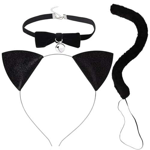PEUTIER Disfraz de Gato Set, Felpa Orejas y Cola de Gato con Collar de Campana Set Diadema con Orejas de Gato Disfraces de Halloween Accesorios para Disfraces de Gato para Mujeres Niñas