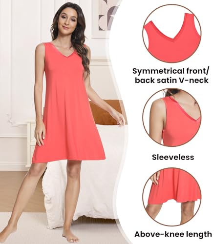 Image of NACHILA Nightgowns for Women-Viscose Made from Bamboo V Neck Nightshirts | Sleeveless Sleep Dress,Satin Sleepshirts,Anti-pilling nightshirt,Moisture-wicking Sleepwear for night sweats,Cooling,OEKOTAX