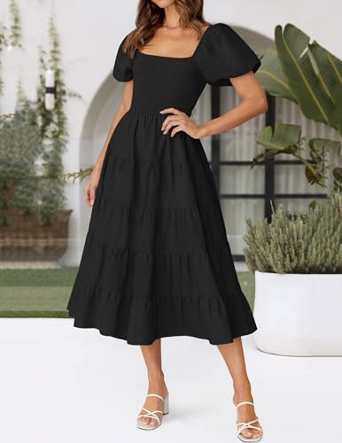 Image of ZESICA Women's 2026 Summer Puff Sleeve Midi Dress 2026 Boho Solid High Waist Flowy Beach Wedding Guest Long Dresses