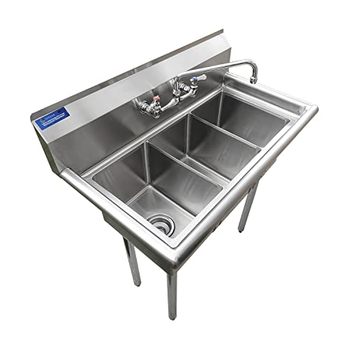 Image of Stainless Steel Sink - 3 Compartment Sink 10 inchx14 inchx10 inch with Legs and Faucet | Utility | Commercial | Laundry | Kitchen | NSF