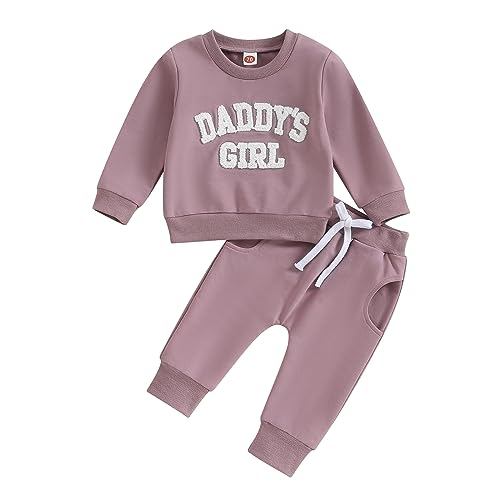 FIOMVA Daddys Girl Baby Clothes Toddler Fall Winter Outfits Sweatshirt Pants 2 Piece Set Shirt Sweatpants Suit (H Embroidered Daddy's Girl Purple, 0-6 Months)