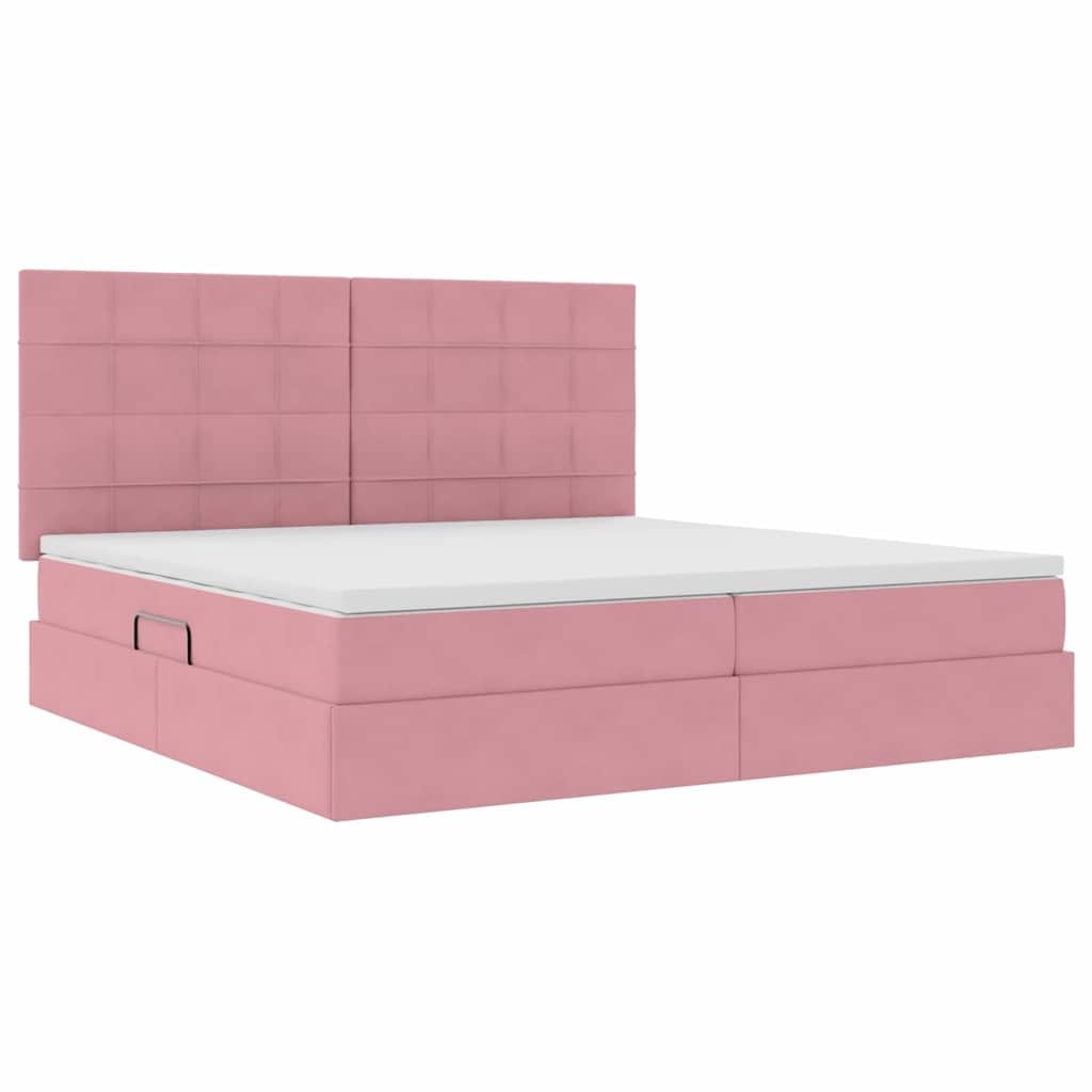 Cama de almacenamiento con colchón de terciopelo rosa de 200 x 200 cm, cama doble de metal con somier de láminas y tiras LED, espacio de almacenamiento y cabecero para dormitorio, cómodo