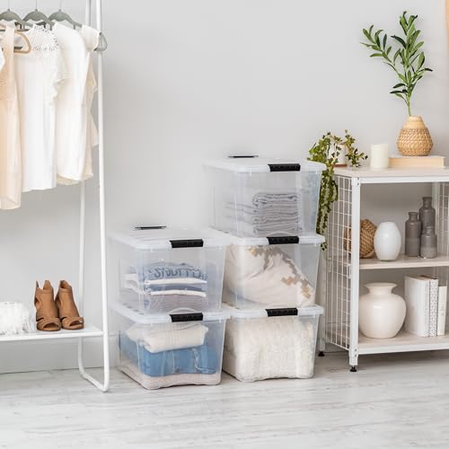 Image of IRIS USA 40 QT Plastic Storage Box with Lid and Latches - 6 Pack - BPA-Free, See-Through Organizing Solution, Durable Nestable Stackable Containers, Secure Pull Handle - Clear