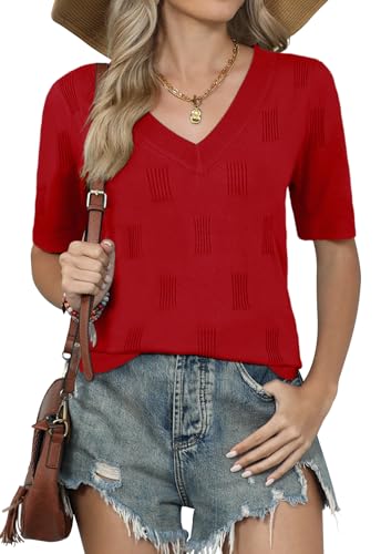 Image of Yincro Womens Short Sleeve Sweaters Fall Summer Tops V Neck Lightweight Knit Pullovers