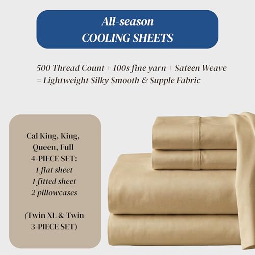 Image of Beckham Hotel Collection 100% Cotton Cal King Sheet Set, 4-Piece, Sand | 500 Thread Count, Silky Soft Weave, Breathable, Anti-Pilling, 16-Inch Pocket, All-Around Elastic, Gets Softer with Every Wash