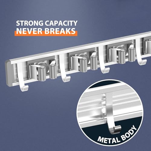 Image of JIALTO Broom Holder | Adujstable 4 Mop Stand with 5 Hook Broom Stick Holder Wall Mounted | Heavy Duty Broom Holder Wall Mounted Or Tool Organizer for Home Garden Garage and Storage (Silver)