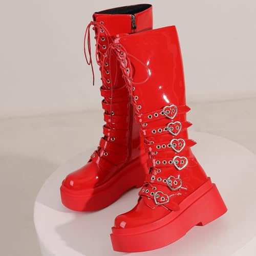 KysBloes Goth Buckle Boots for Women Platform Knee High Boots Lace Up Tall Boots Punk Style Strappy Wedge High Heel Boots4