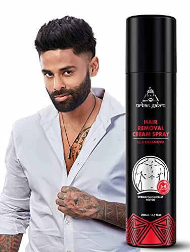 Image of UrbanGabru Casanova Hair Removal Cream Spray for Men (200 ML) | Painless Body Hair remove in Just 3-5 Min for Hands, Legs, Chest, Back & Under Arms | Natural & Safe