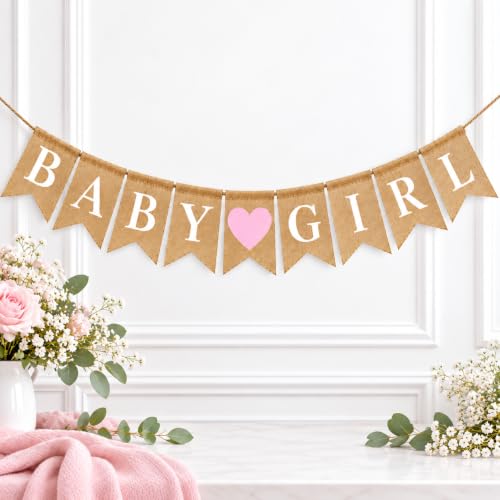 Shimmer Anna Shine Baby Shower Burlap Banner – BABY GIRL Light Pink Heart Garland, 9 Pennants – Rustic Baby Shower Decorations for Girl, Highchair Banner, Gender Reveal, Pregnancy Party Décor
