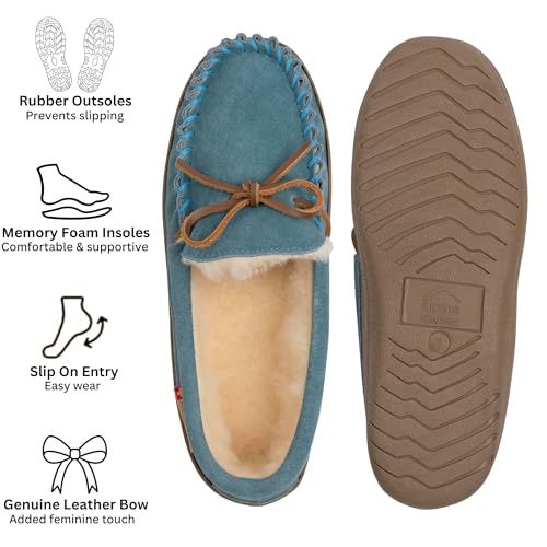 Image of Alpine Swiss Sabine Womens Moccasin Slippers Genuine Suede House Shoe Memory Foam Insole Plush Faux Shearling Fur Indoor Outdoor Anti-Slip Rubber Sole
