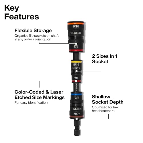 Image of Klein Tools 32910RCHT Impact Driver, 7-in-1 SAE Impact Socket Set with Ratcheting Handle, Flip Socket with 1 /4, 5 /16, 3 /8, 7 /16, 1 /2 and 9 /16-Inch Nut Driver Sizes and 1 /4-Inch Bit Holder