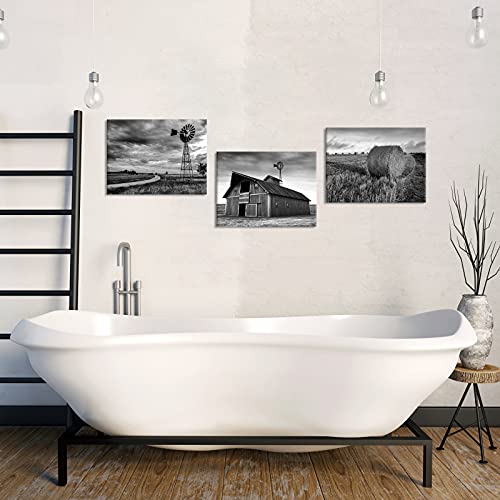 Simiwow Farmhouse Landscape Picture Wall Decor Countryside Windmill Barn Picture Wall Art Canvas Prints Framed 12"X16"X3 Pieces, Black And White #TOP1
