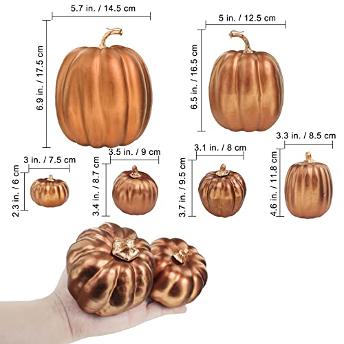 Image of Winlyn 7 Pcs Assorted Sizes Artificial Metallic Bronze Pumpkins Rustic Decorative Fall Foam Pumpkins for Gifts Thanksgiving Halloween Harvest Fall Wedding Table Centerpiece Mantel Shelf Decor