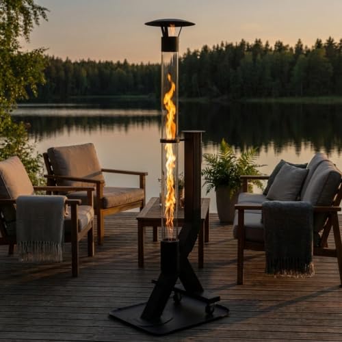 WARMATEK® Patio + Poêle à granulés Premium pour terrasse 5000 W – Cheminée à granulés scandinave d'extérieur sans électricité ni gaz, avec haute flamme en verre, bac à granulés de 2,8 kg, pour jardin – vue 6
