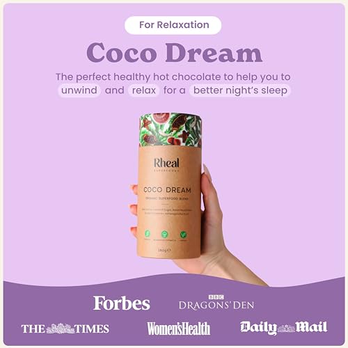 Rheal Coco Dream, 180g (30 Servings), Organic Hot Chocolate Powder with Reishi Mushroom & Peruvian Cacao, Low Sugar Bedtime Drink to Relax & Unwind, Natural Ingredients, Vegan