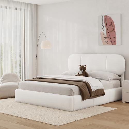 Full Size Bed Frame with Storage, Boucle Cloud Bed with 4 Locking Drawers & LED Lights, Modern Upholstered Platform Bed, Plush Sides & Footboard, Adju