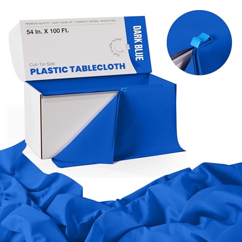 Image of Exquisite Party Solids 54 Inch X 100 Feet Dark Blue Plastic Table Cover Roll in A Cut - to - Size Box with Convenient Slide Cutter. Cuts Up to 12 Rectangle 8 Feet Plastic Disposable Tablecloths