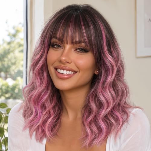 Nnzes Pink Wigs for Women 16 Inch Synthetic Short Wavy Wig with Bangs
