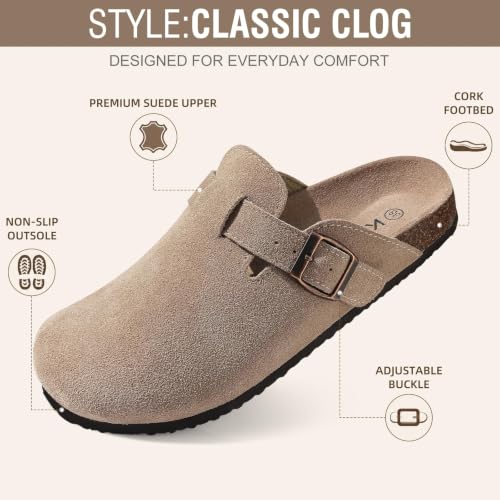 Image of KIDMI Genuine Suede Clogs for Women Men Cork Footbed Mules Potato Shoes | Arch Support, Comfortable, Leather Slip On, Fall, Casual, Indoor Outdoor, Non-slip Rubber Sole, Adjustable Metal Buckle