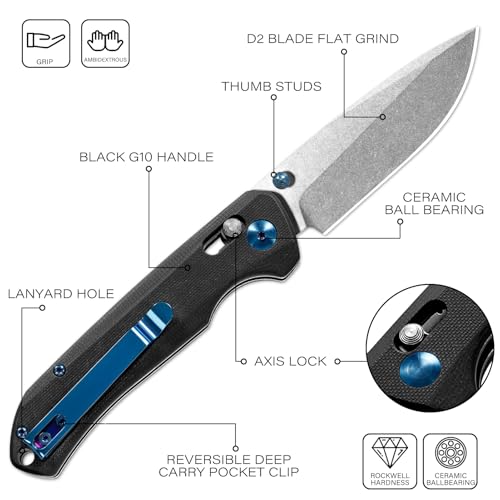 Image of Dispatch Axis Lock Folding Pocket Knife with Clip, 3.46 inch D2 Steel Drop Point Blade and G10 Handle, Crossbar Lock Knives for Men Women Camping Hiking Survival Pocketknife