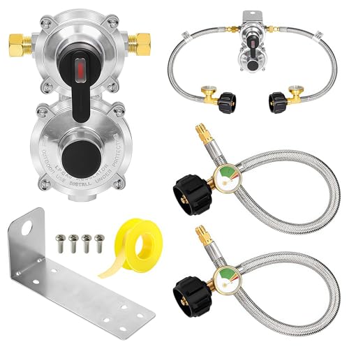 Détendeur de Propane, Détendeur Gaz Caravane Propane à Deux Étages avec Tuyau de 45,7 cm Régulateur Automatique de Gaz avec Manomètre et Voyants Lumineux...